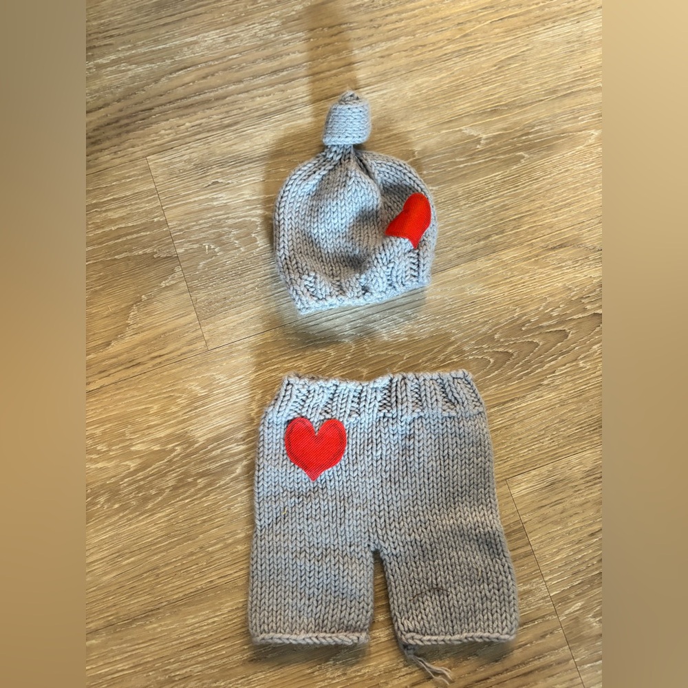 Ado Gray Knit Baby Hat and Pants Set with Red Heart crocheted photo prop for NB